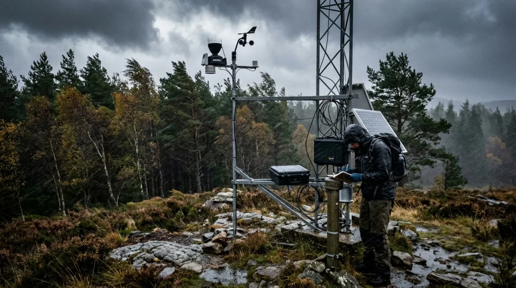 Weather research anemometer station recording gale force wind speeds near forest (AI Generated Image)