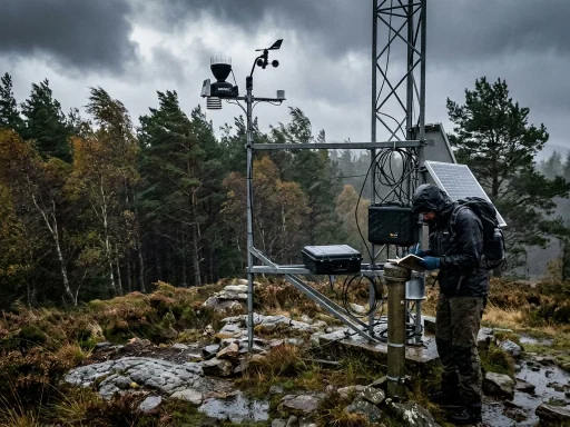 Weather research anemometer station recording gale force wind speeds near forest (AI Generated Image)