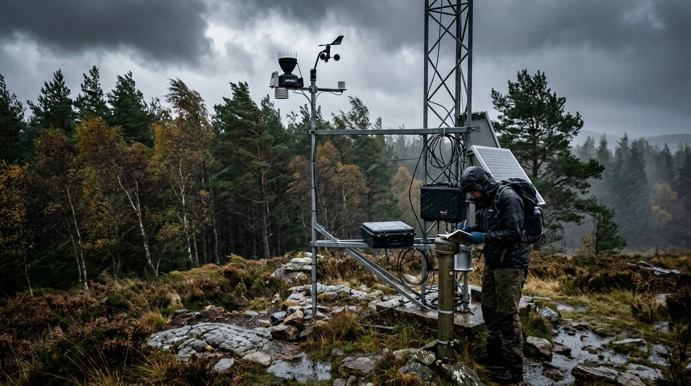 At What Wind Speed Do Trees Fall? Structural Thresholds, Species Risks, and Storm Survival 2 Weather research anemometer station recording gale force wind speeds near forest (AI Generated Image)