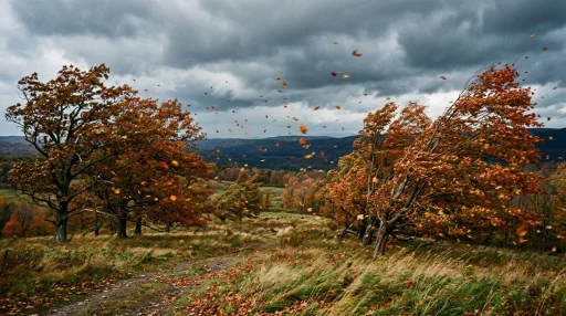 Hardwood trees bending under 40 mph gale winds in autumn landscape (AI Generated Image)