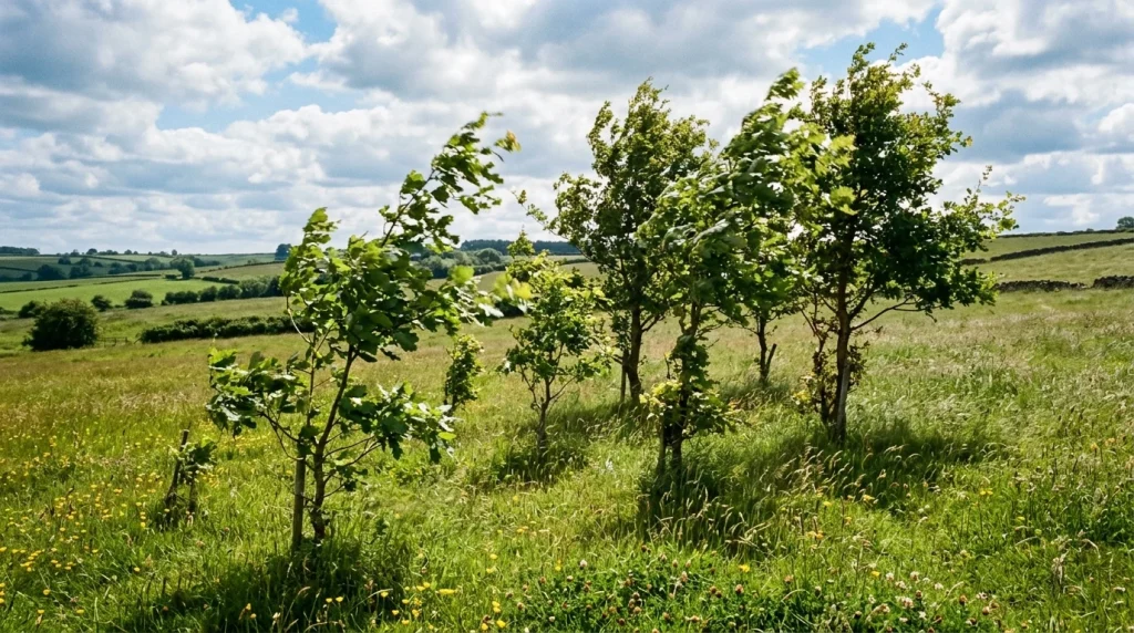 Young saplings and trees swaying in breeze developing structural strength (AI Generated Image)