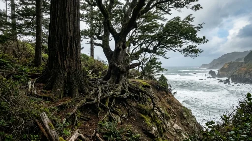 Massive ancient oak and redwood trees with deep root systems standing strong against coastal winds (AI Generated Image)