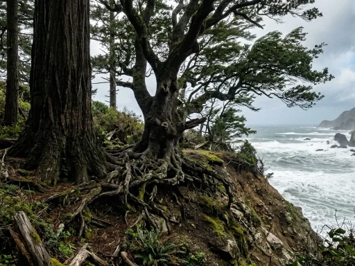 Massive ancient oak and redwood trees with deep root systems standing strong against coastal winds (AI Generated Image)