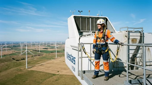 Complete Guide to Pay for Wind Turbine Technicians: Hourly Wages, Overtime, Per Diem, and Career Earnings 1 Certified wind turbine technician on top of turbine nacelle overlooking wind farm (AI Generated Image)