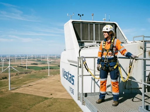 Complete Guide to Pay for Wind Turbine Technicians: Hourly Wages, Overtime, Per Diem, and Career Earnings 3 Certified wind turbine technician on top of turbine nacelle overlooking wind farm (AI Generated Image)