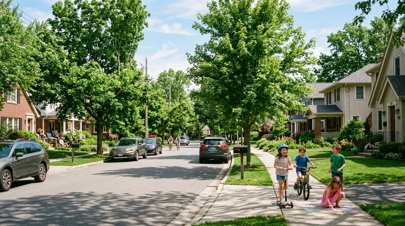 Suburban trees standing firm in a gentle 20 mph afternoon breeze (AI Generated Image)