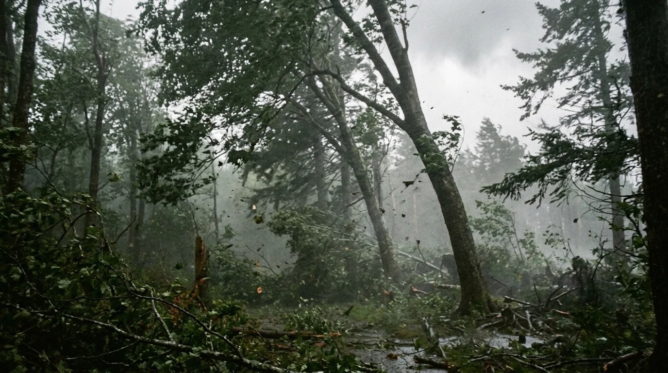 Can 60 MPH Winds Knock Down Trees? Storm Force Dynamics, Blowdown Risks, and Safety Protocols 2 Violent 60 mph storm winds flexing trees in dense woodland (AI Generated Image)