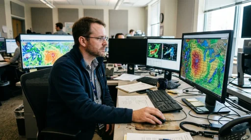How to Read Wind Direction Arrows: Decoding Digital Weather Apps and Meteorological Barbs 1 Meteorologist analyzing digital weather map with wind barb symbols and wind direction arrows (AI Generated Image)