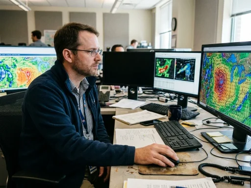 Meteorologist analyzing digital weather map with wind barb symbols and wind direction arrows (AI Generated Image)