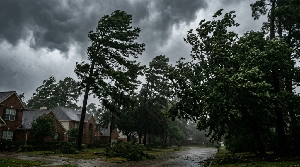50 mph wind blowing against trees during severe storm (AI Generated Image)