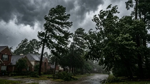 50 mph wind blowing against trees during severe storm (AI Generated Image)