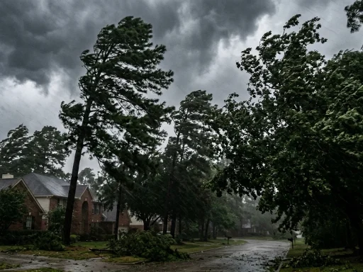 50 mph wind blowing against trees during severe storm (AI Generated Image)