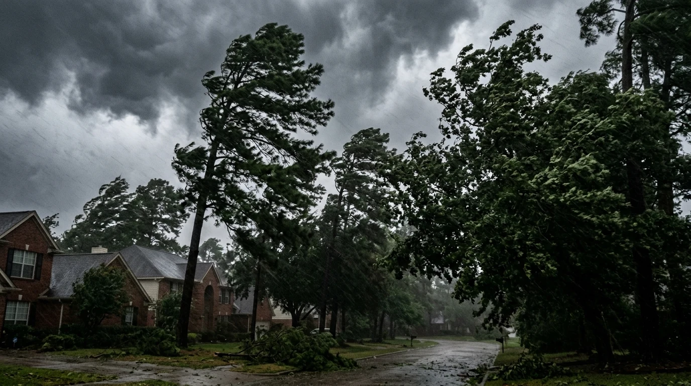 50 mph wind blowing against trees during severe storm (AI Generated Image)