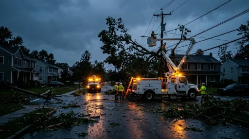 Utility repair trucks working on downed power lines and transformers on street after severe storm (AI Generated Image)