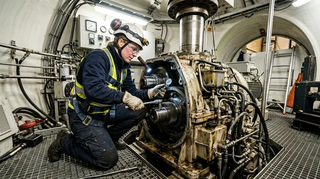 Windmill maintenance technician performing gearbox inspection inside turbine nacelle (AI Generated Image)