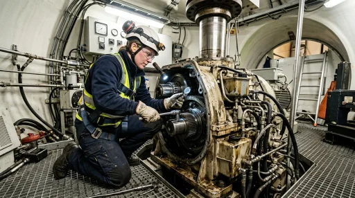 Windmill maintenance technician performing gearbox inspection inside turbine nacelle (AI Generated Image)
