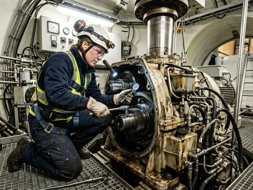 Windmill maintenance technician performing gearbox inspection inside turbine nacelle (AI Generated Image)