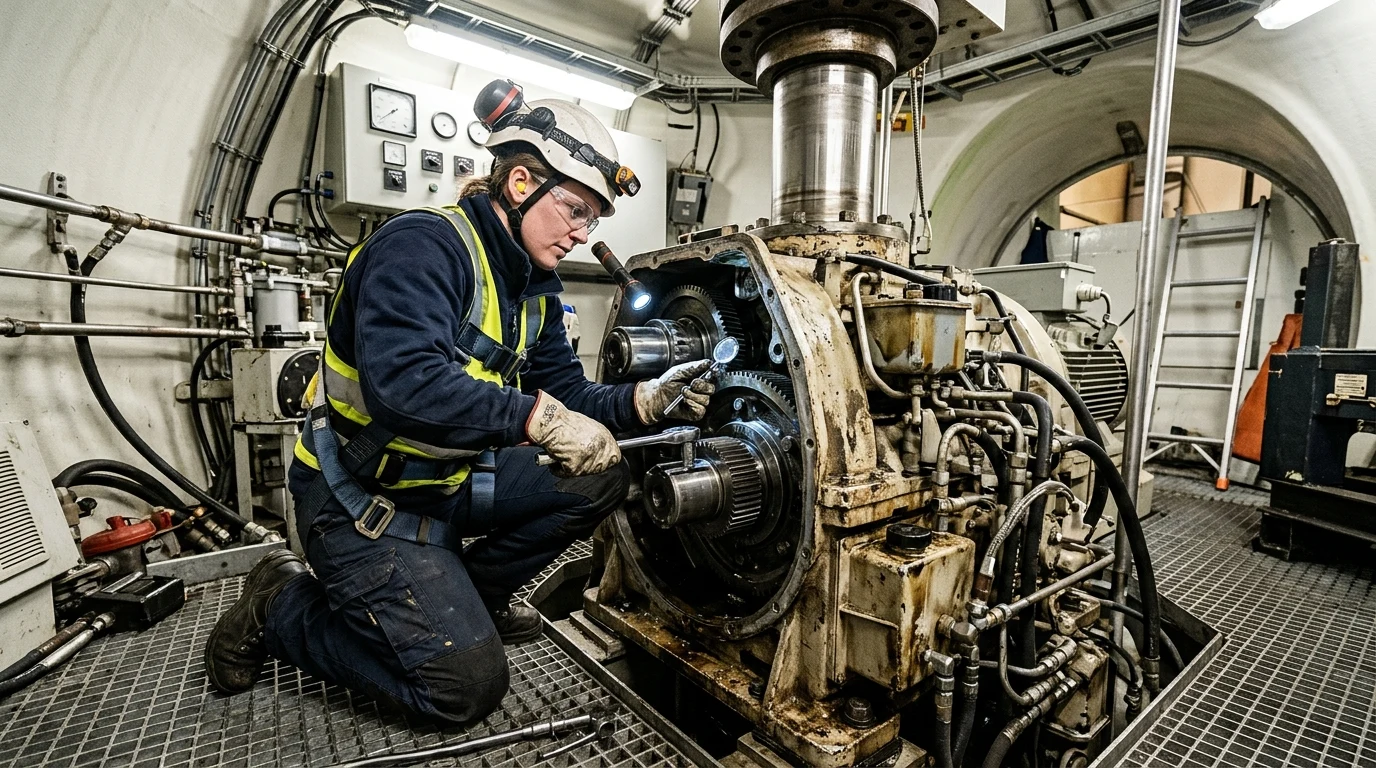 Windmill maintenance technician performing gearbox inspection inside turbine nacelle (AI Generated Image)