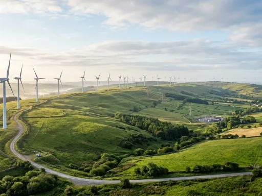 Modern utility scale wind turbines generating green energy across rolling hills (AI Generated Image)