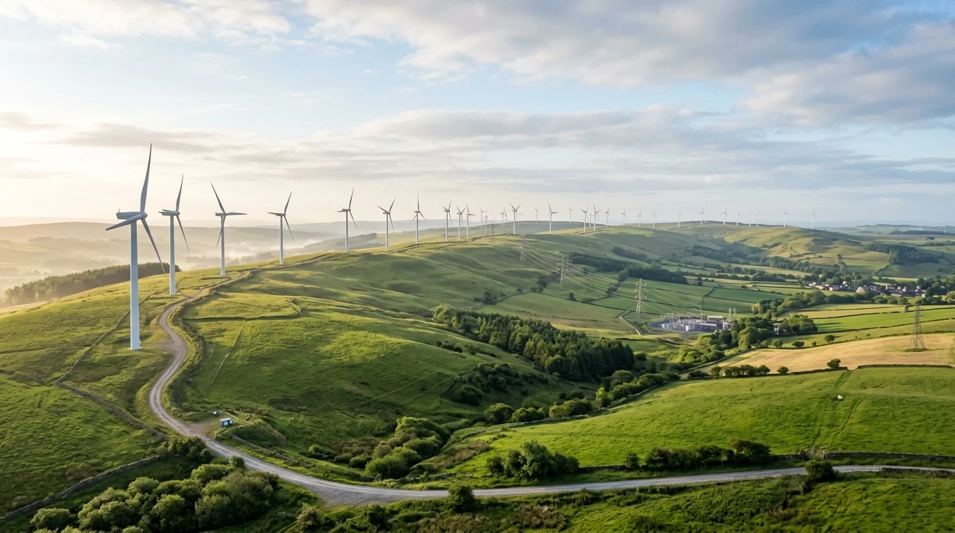 Modern utility scale wind turbines generating green energy across rolling hills (AI Generated Image)