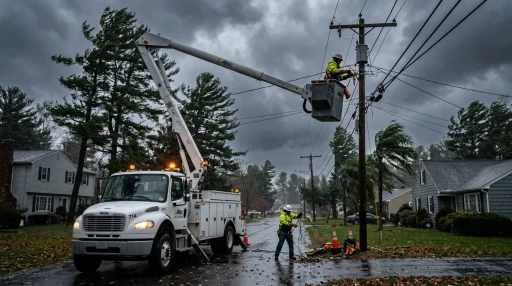 High Winds Complicate Power Restoration: Grid Safety & Delays 1 Utility line workers repairing electrical power grid lines in bucket truck during high winds (AI Generated Image)