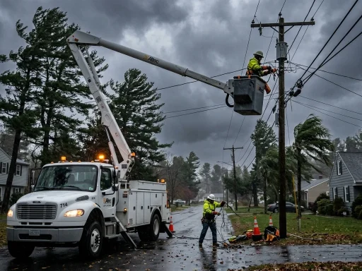 Utility line workers repairing electrical power grid lines in bucket truck during high winds (AI Generated Image)