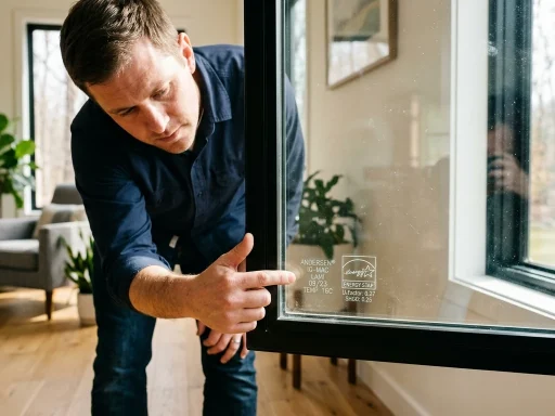 Inspecting etched product serial identification code in corner of Andersen window glass (AI Generated Image)