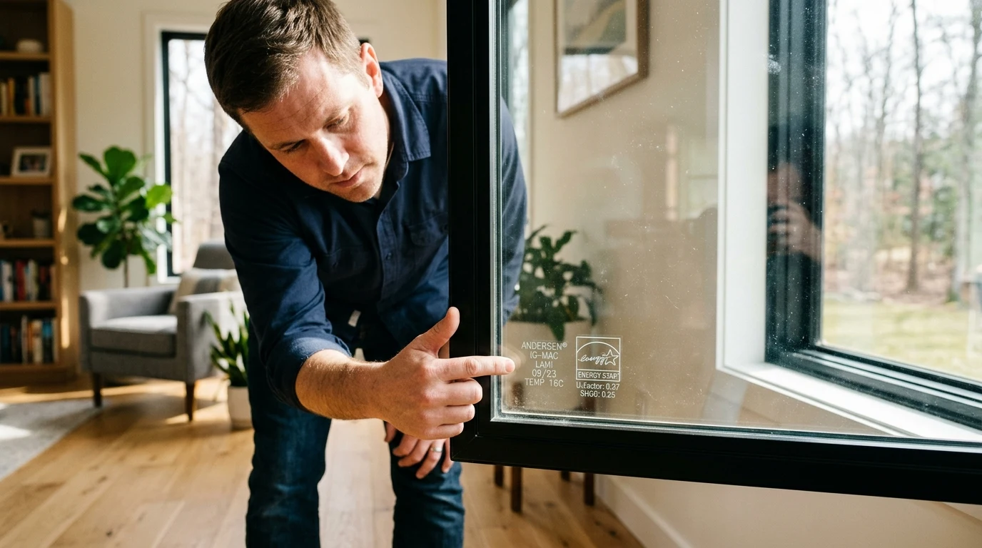 Inspecting etched product serial identification code in corner of Andersen window glass (AI Generated Image)