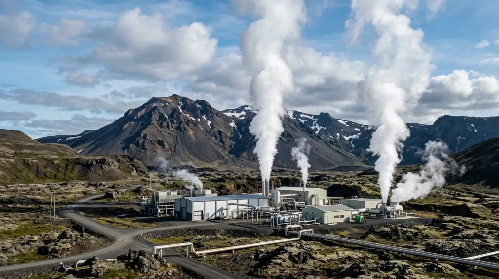 Modern clean geothermal energy generation facility with steam plumes in volcanic landscape (AI Generated Image)