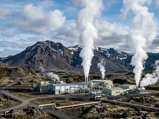 Modern clean geothermal energy generation facility with steam plumes in volcanic landscape (AI Generated Image)
