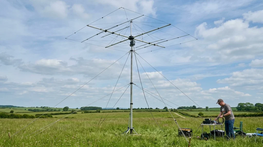 Spiderbeam directional wire beam antenna mounted on a 12m telescoping mast with guy lines in field (AI Generated Image)