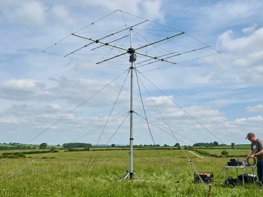 Spiderbeam directional wire beam antenna mounted on a 12m telescoping mast with guy lines in field (AI Generated Image)