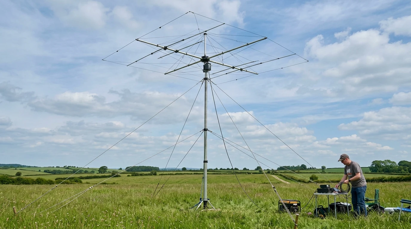 Safe Wind Speed for 12m Spiderbeam: Mast Limits & Guying 2 Spiderbeam directional wire beam antenna mounted on a 12m telescoping mast with guy lines in field (AI Generated Image)