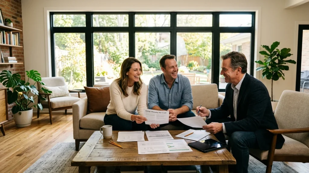Homeowners reviewing energy efficiency tax documents for Renewal by Andersen replacement windows (AI Generated Image)