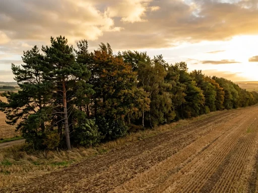 Dense agricultural tree shelterbelt windbreak row protecting fertile farmland from harsh winds (AI Generated Image)