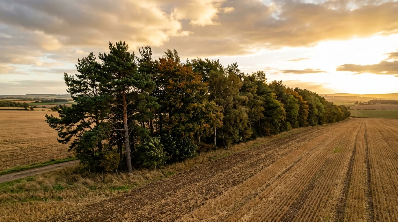 Tree Wind Dynamics: Aerodynamic Adaptations, Biomechanical Survival, and High-Performance Windbreaks 2 Dense agricultural tree shelterbelt windbreak row protecting fertile farmland from harsh winds (AI Generated Image)