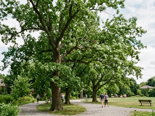 Mature park trees gently swaying in 25 mph wind breeze (AI Generated Image)