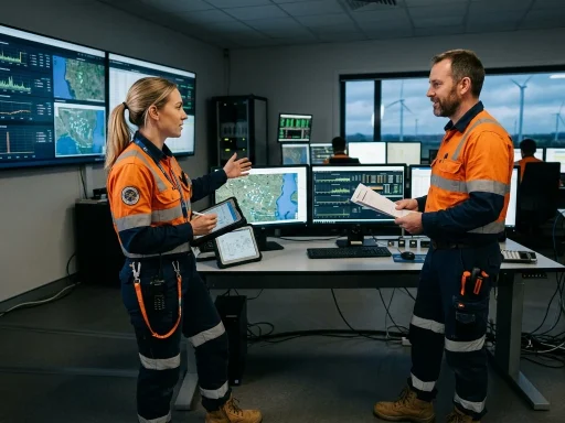 Wind energy operations team discussing maintenance and turbine performance (AI Generated Image)