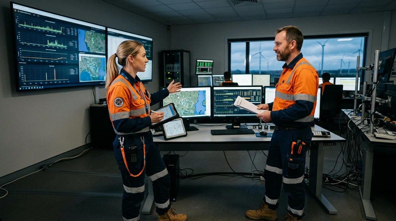 Wind Turbine Technician Wages: Comprehensive Analysis of Hourly Rates, Union Scales, and Earning Potential 2 Wind energy operations team discussing maintenance and turbine performance (AI Generated Image)