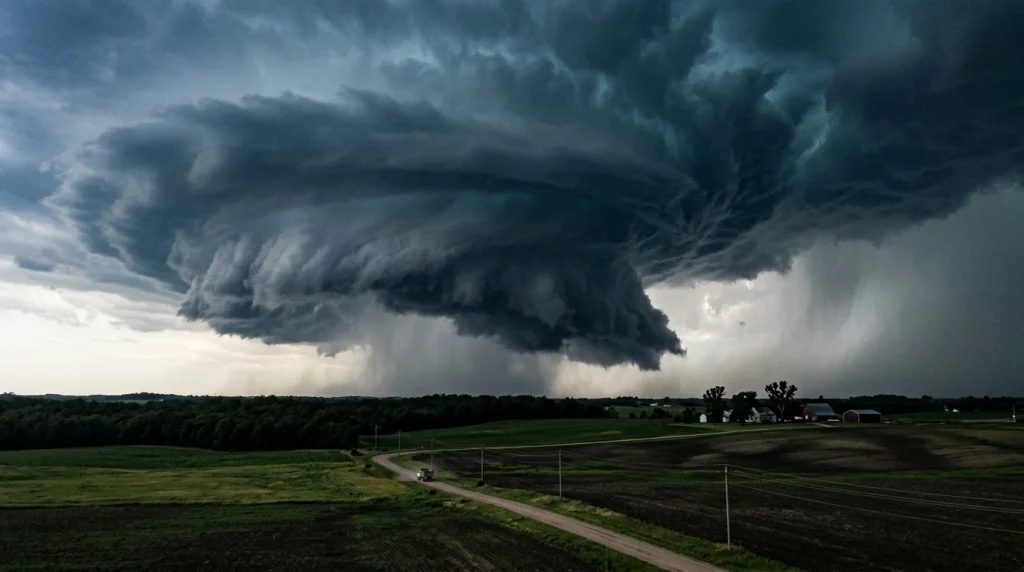 Severe rotating mesocyclone thunderstorm cloud forming above woodland and fields (AI Generated Image)