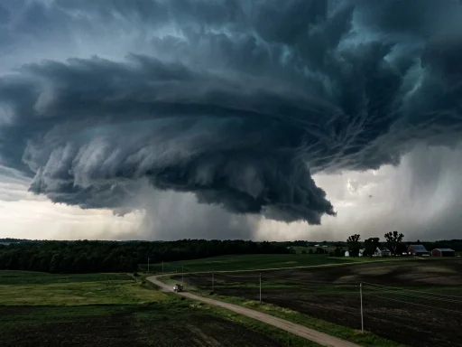 Severe rotating mesocyclone thunderstorm cloud forming above woodland and fields (AI Generated Image)