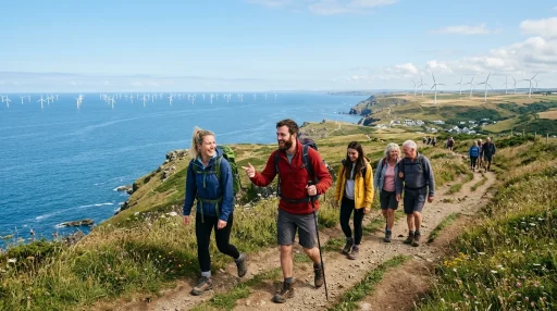 Tourists and hikers enjoying coastal trail with wind turbines visible in background (AI Generated Image)