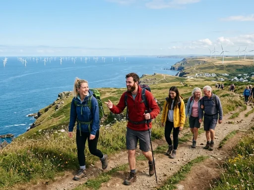 Tourists and hikers enjoying coastal trail with wind turbines visible in background (AI Generated Image)