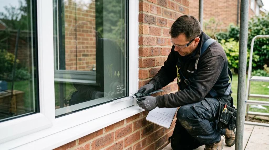 Glazier verifying corner glass laser etching code on Andersen window (AI Generated Image)
