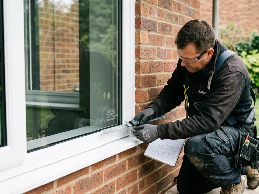 Glazier verifying corner glass laser etching code on Andersen window (AI Generated Image)