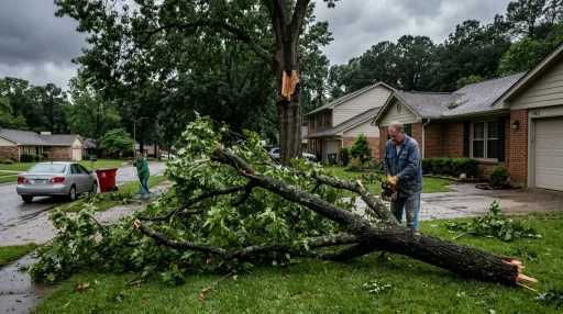 Wind damage to trees with fallen branch after severe storm (AI Generated Image)