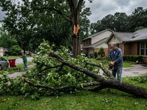 Wind damage to trees with fallen branch after severe storm (AI Generated Image)