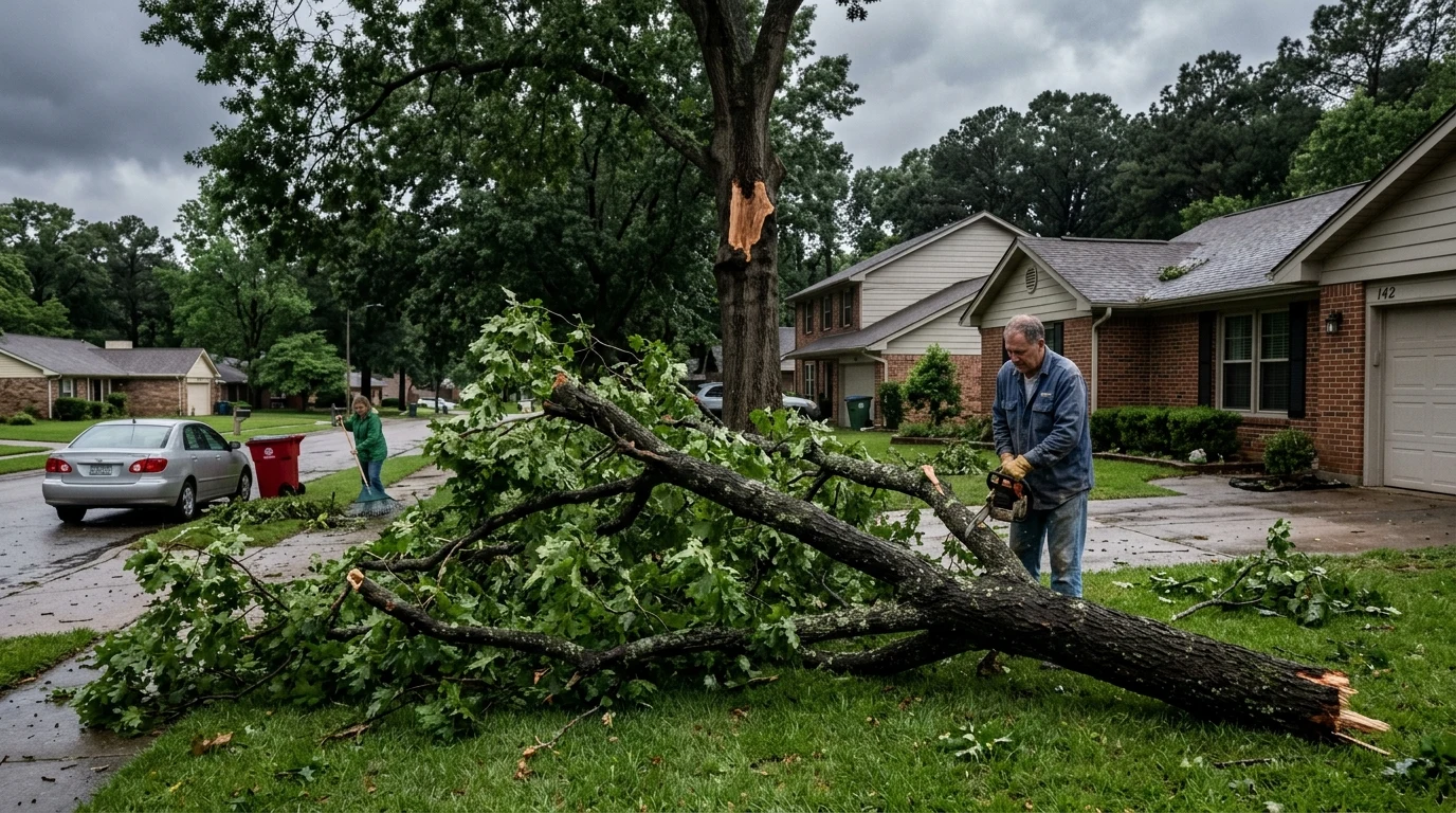 Wind damage to trees with fallen branch after severe storm (AI Generated Image)